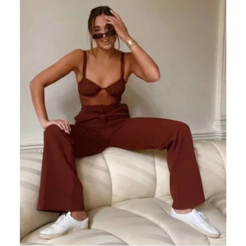 Danielle Bernstein Lace Bustier Thong Bodysuit 2 Warm Brown Mesh WeWoreWhat New